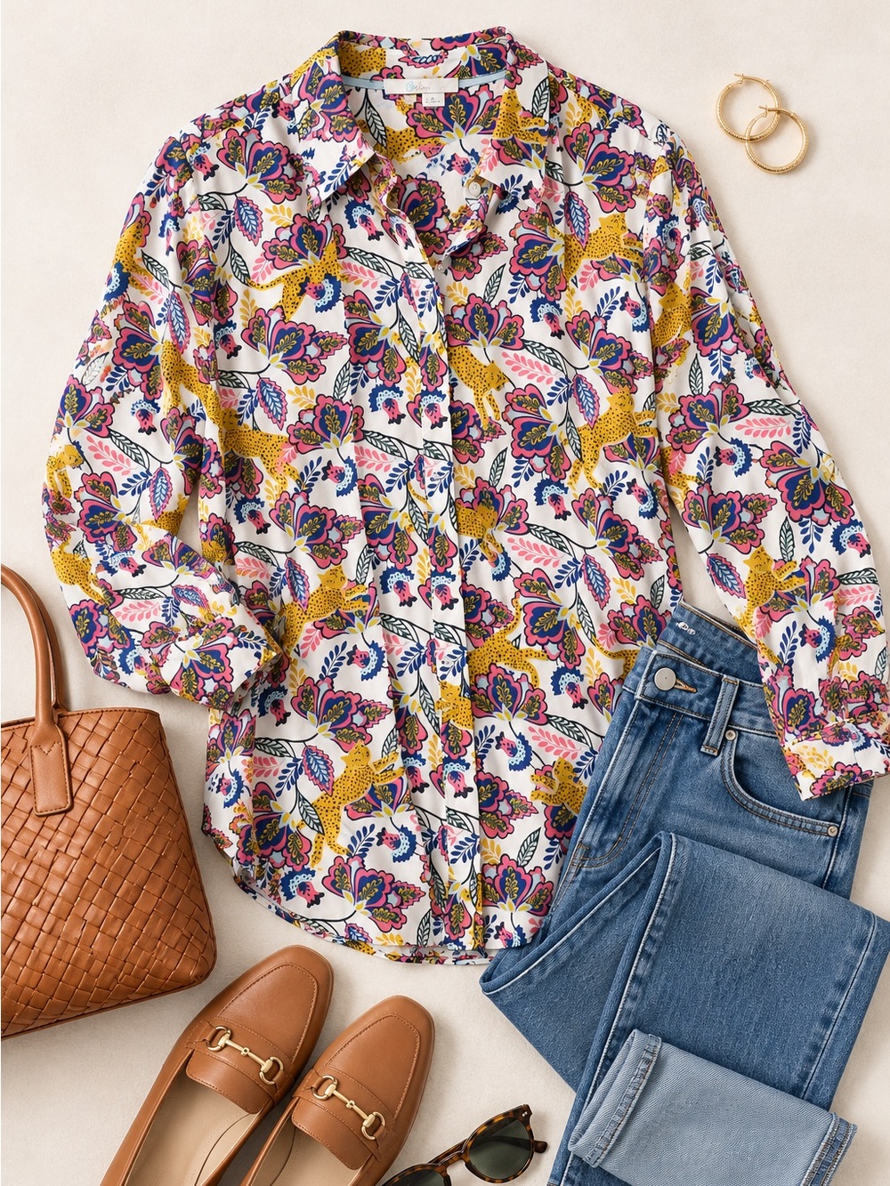 Boden Silk Button-Down Shirt in White with Pink & Yellow Print